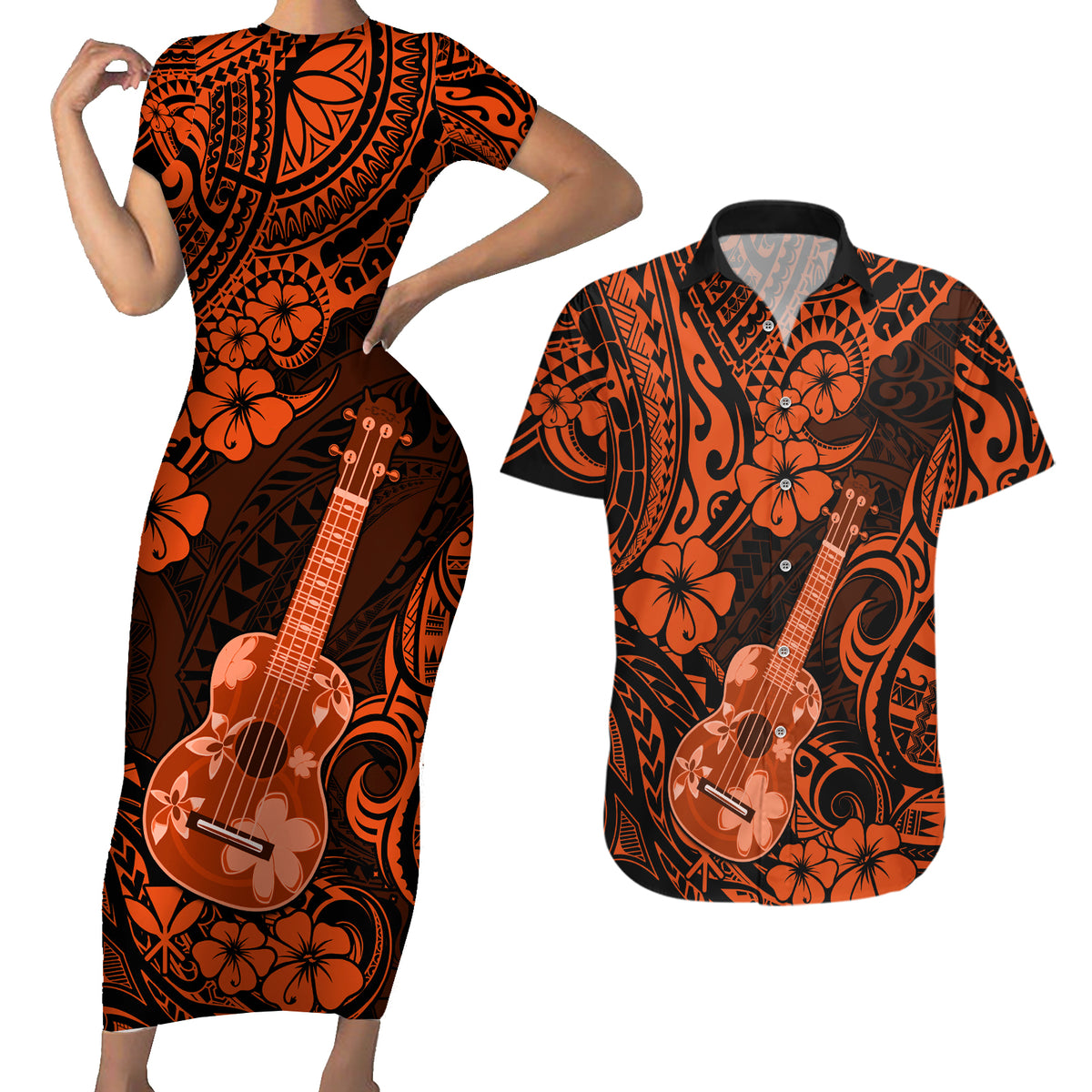 Hawaii Ukulele Couples Matching Short Sleeve Bodycon Dress and Hawaiian Shirt Polynesian Pattern Orange Version - Wonder Print Shop
