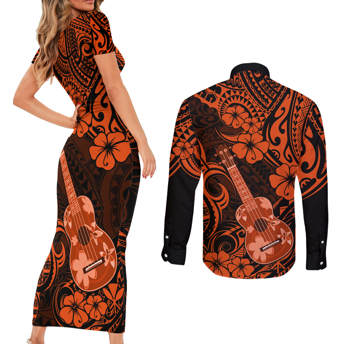 Hawaii Ukulele Couples Matching Short Sleeve Bodycon Dress and Long Sleeve Button Shirts Polynesian Pattern Orange Version - Wonder Print Shop