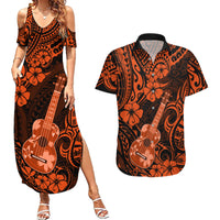 Hawaii Ukulele Couples Matching Summer Maxi Dress and Hawaiian Shirt Polynesian Pattern Orange Version - Wonder Print Shop
