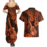 Hawaii Ukulele Couples Matching Summer Maxi Dress and Hawaiian Shirt Polynesian Pattern Orange Version - Wonder Print Shop