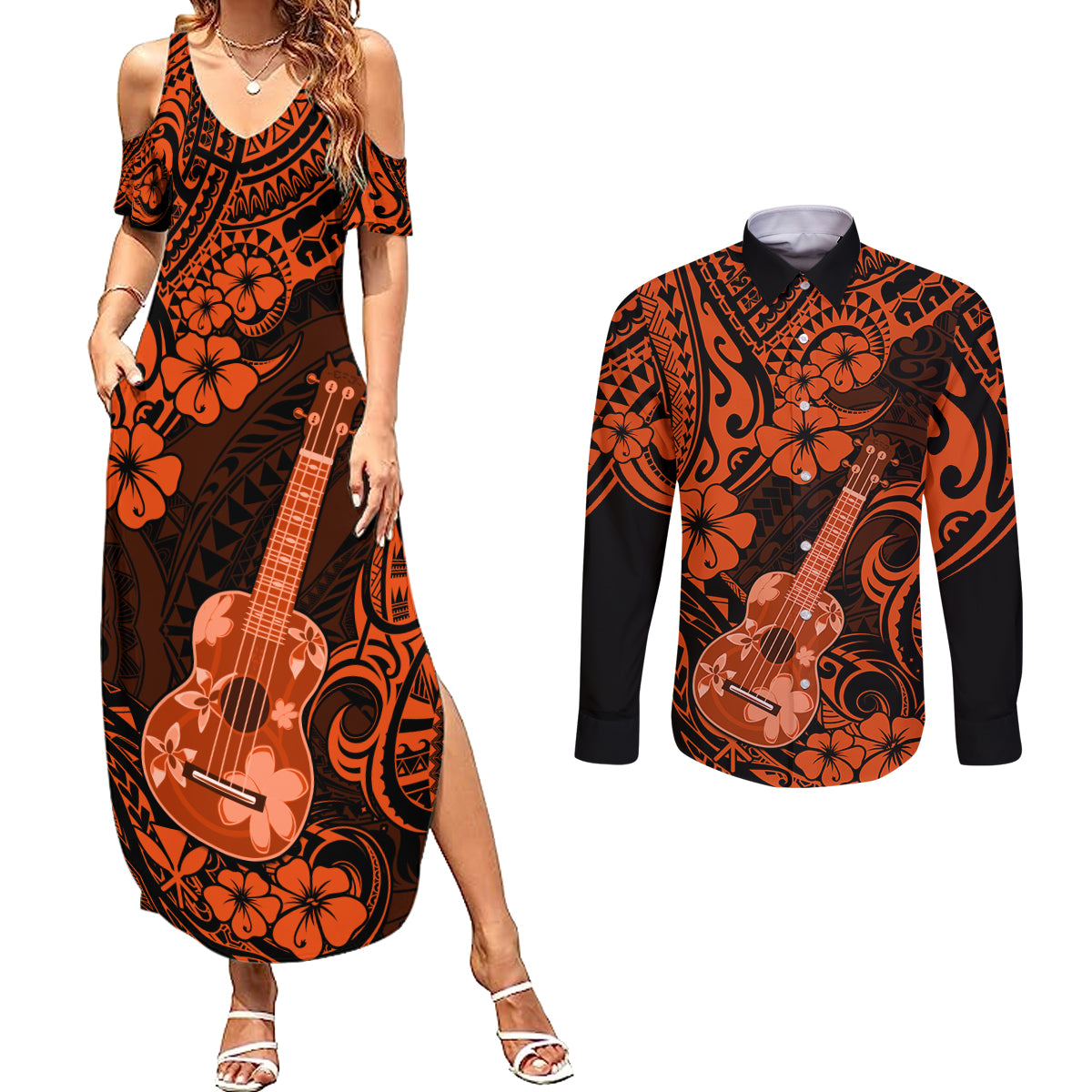 Hawaii Ukulele Couples Matching Summer Maxi Dress and Long Sleeve Button Shirts Polynesian Pattern Orange Version - Wonder Print Shop