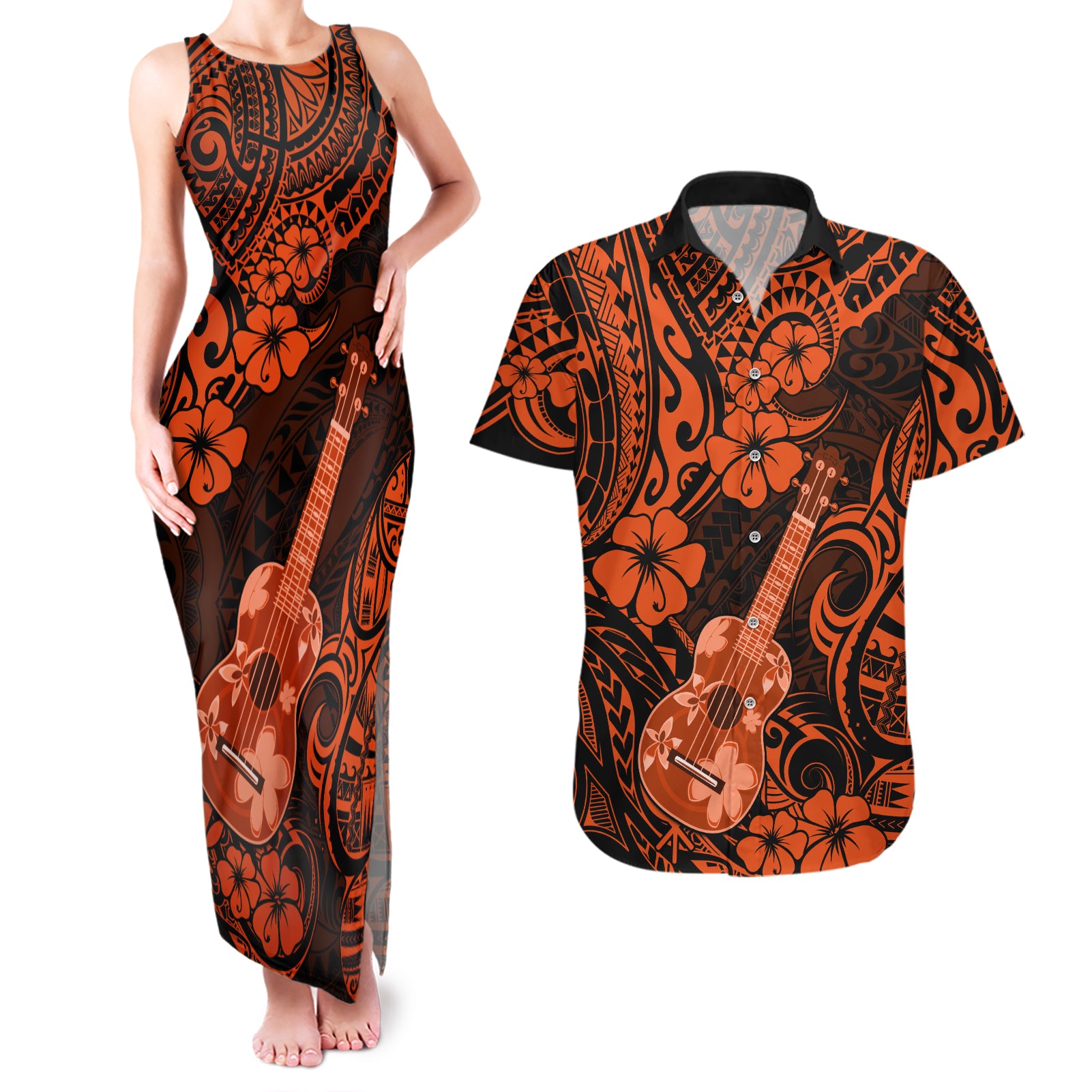 Hawaii Ukulele Couples Matching Tank Maxi Dress and Hawaiian Shirt Polynesian Pattern Orange Version - Wonder Print Shop