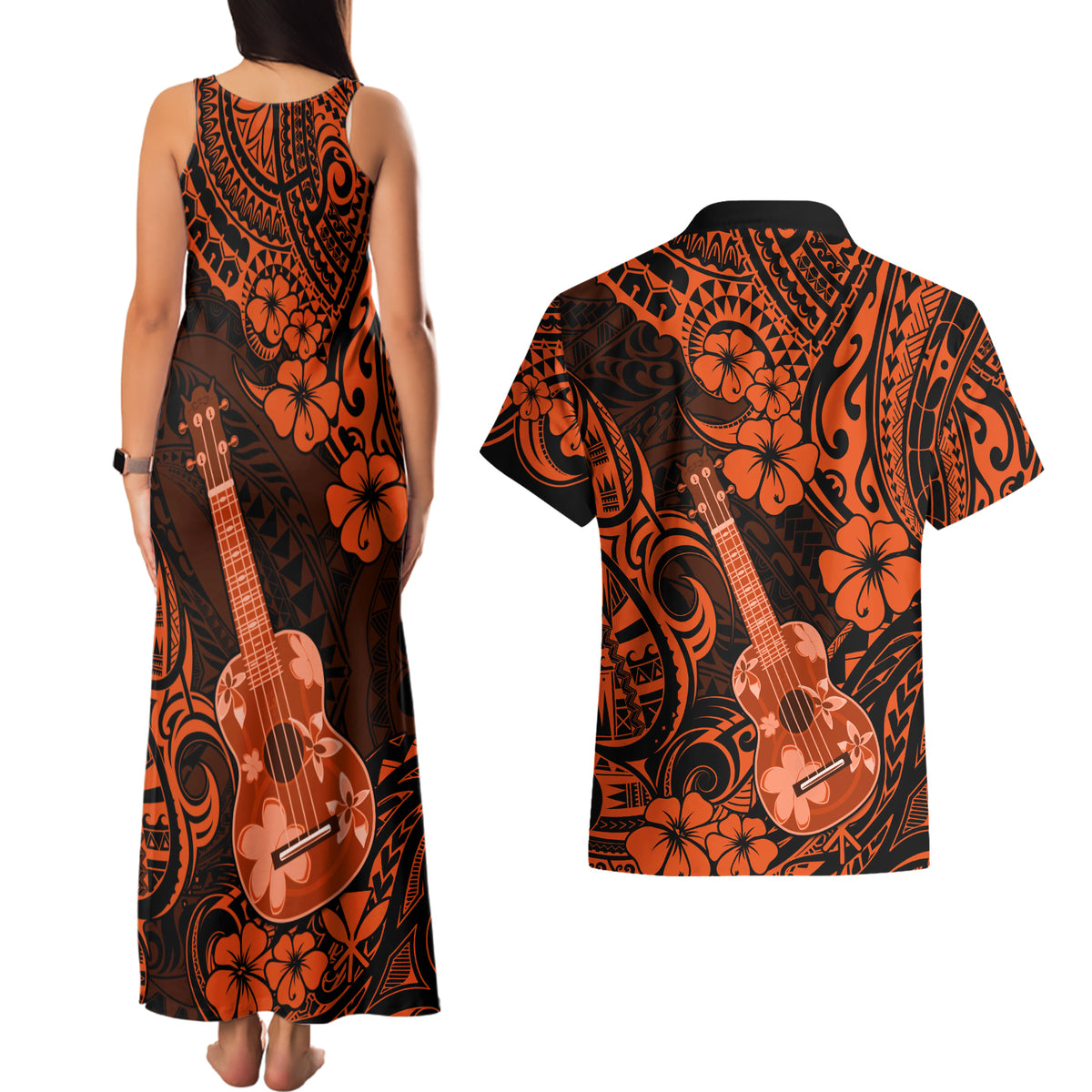 Hawaii Ukulele Couples Matching Tank Maxi Dress and Hawaiian Shirt Polynesian Pattern Orange Version - Wonder Print Shop