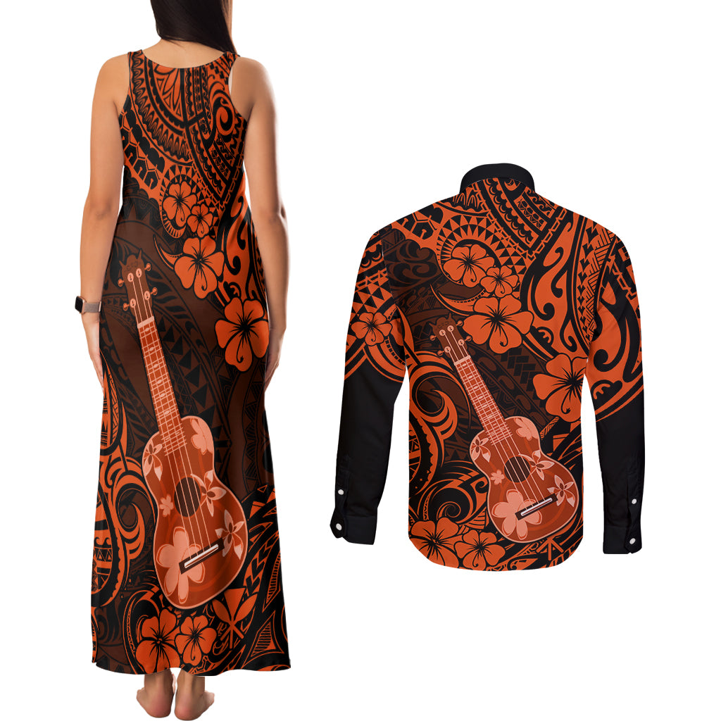 Hawaii Ukulele Couples Matching Tank Maxi Dress and Long Sleeve Button Shirts Polynesian Pattern Orange Version - Wonder Print Shop