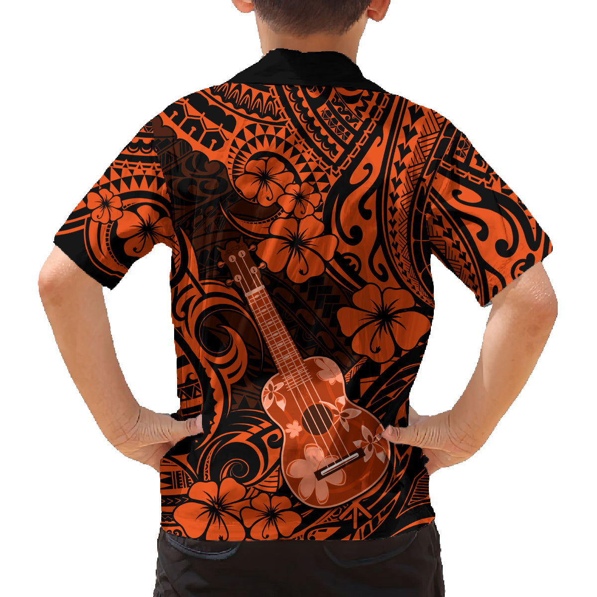 Hawaii Ukulele Family Matching Long Sleeve Bodycon Dress and Hawaiian Shirt Polynesian Pattern Orange Version - Wonder Print Shop