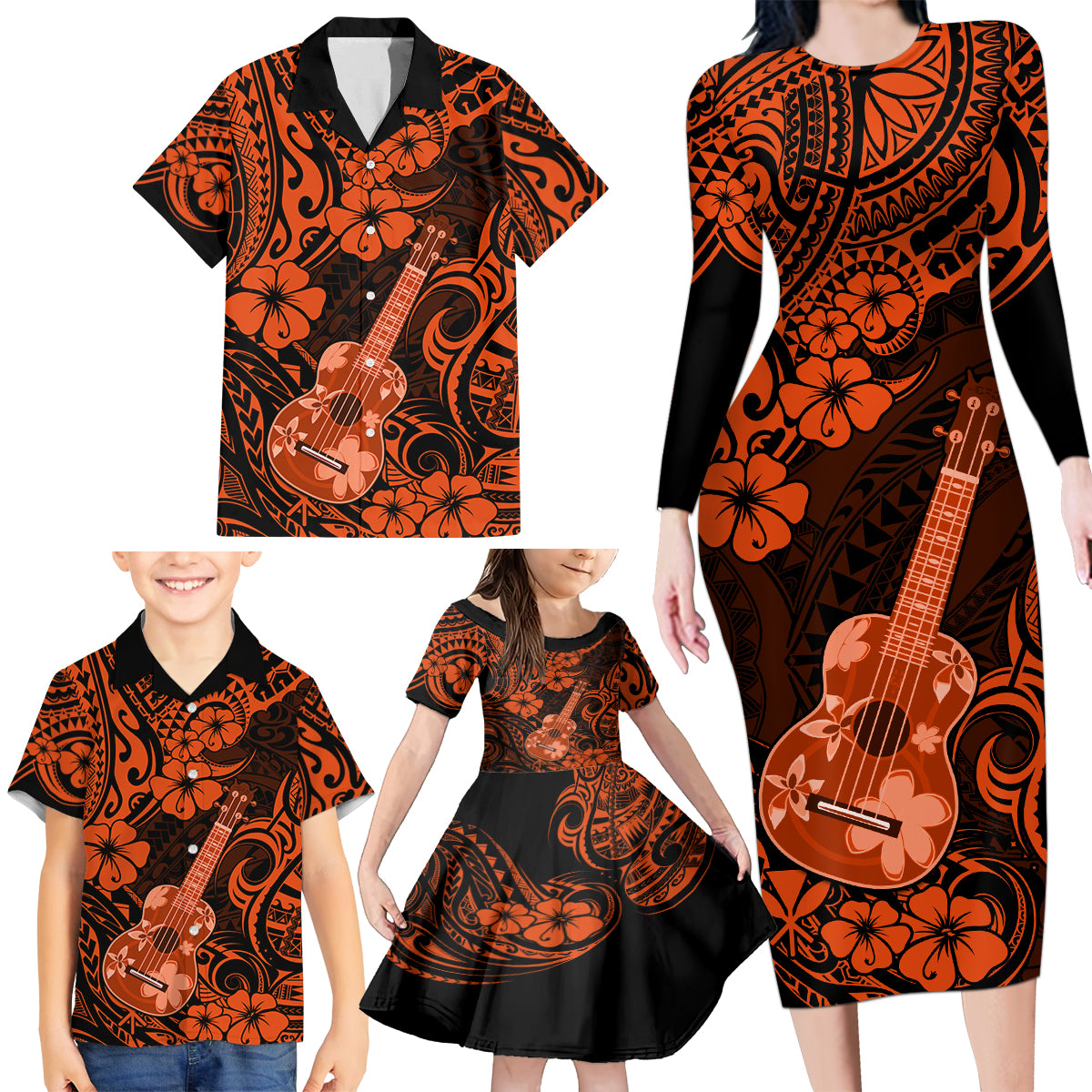 Hawaii Ukulele Family Matching Long Sleeve Bodycon Dress and Hawaiian Shirt Polynesian Pattern Orange Version - Wonder Print Shop
