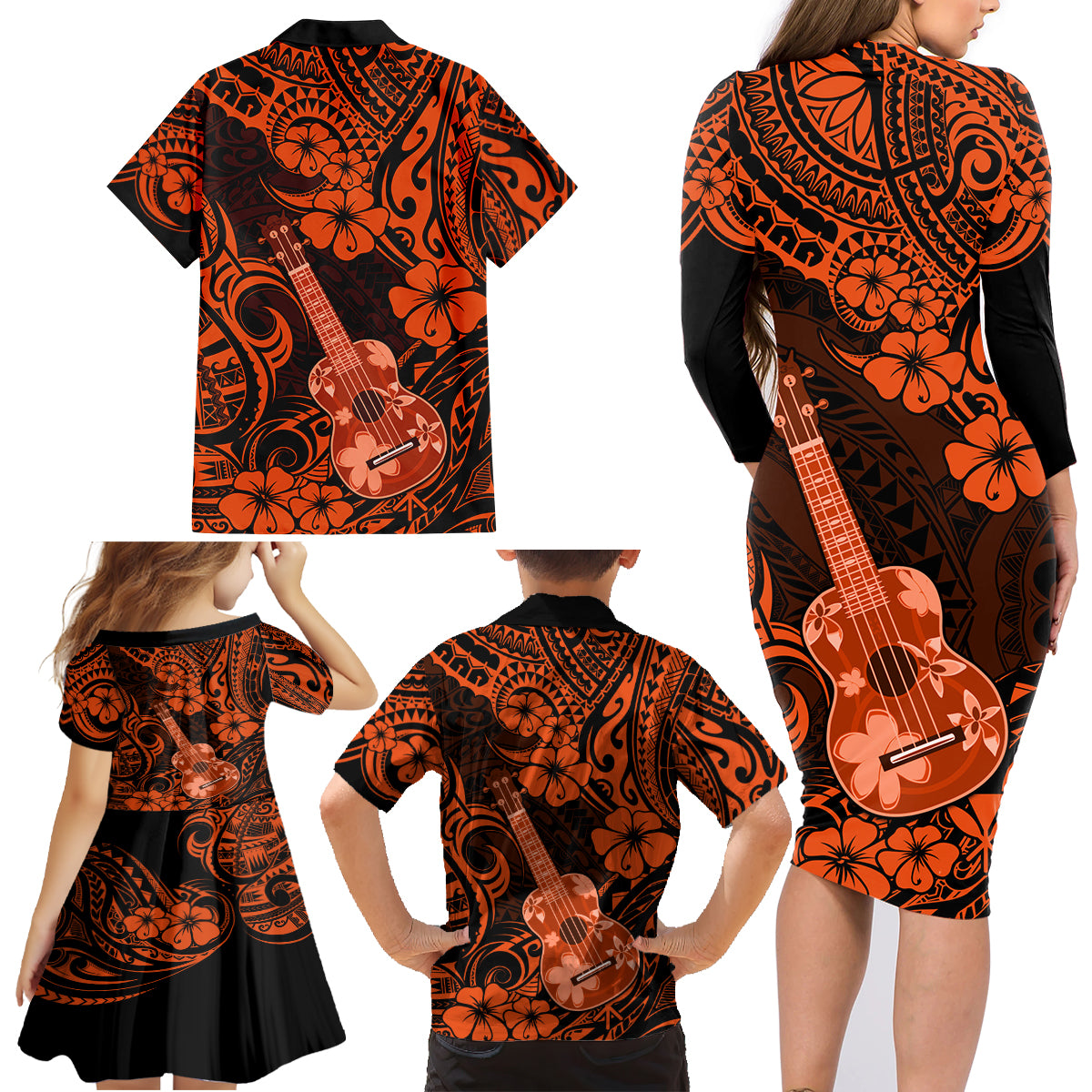 Hawaii Ukulele Family Matching Long Sleeve Bodycon Dress and Hawaiian Shirt Polynesian Pattern Orange Version - Wonder Print Shop