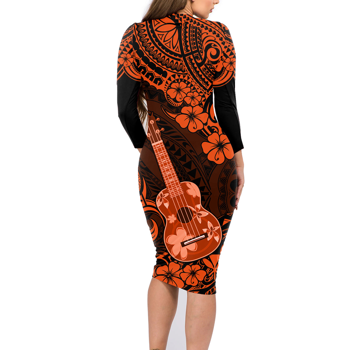 Hawaii Ukulele Family Matching Long Sleeve Bodycon Dress and Hawaiian Shirt Polynesian Pattern Orange Version - Wonder Print Shop
