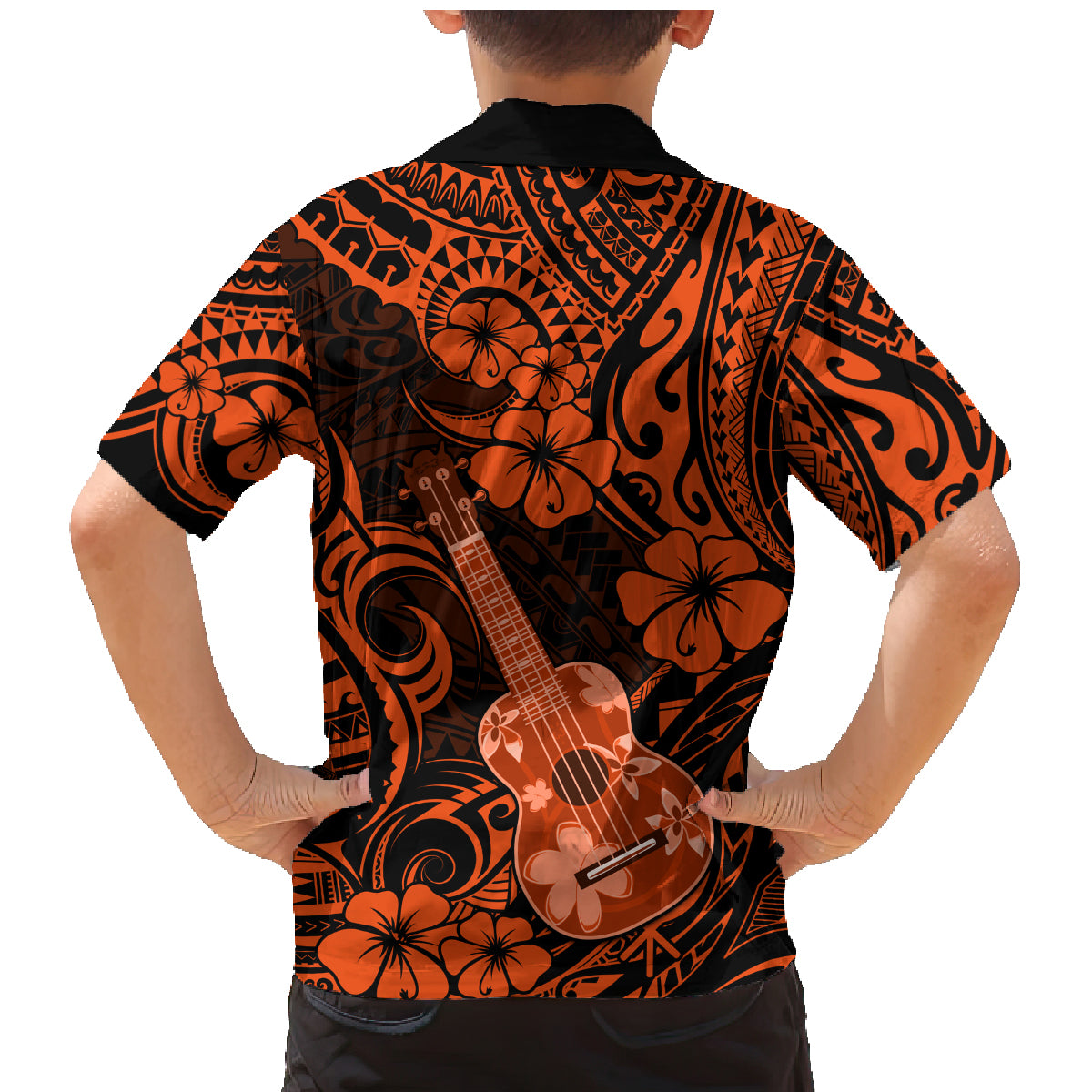 Hawaii Ukulele Family Matching Mermaid Dress and Hawaiian Shirt Polynesian Pattern Orange Version - Wonder Print Shop