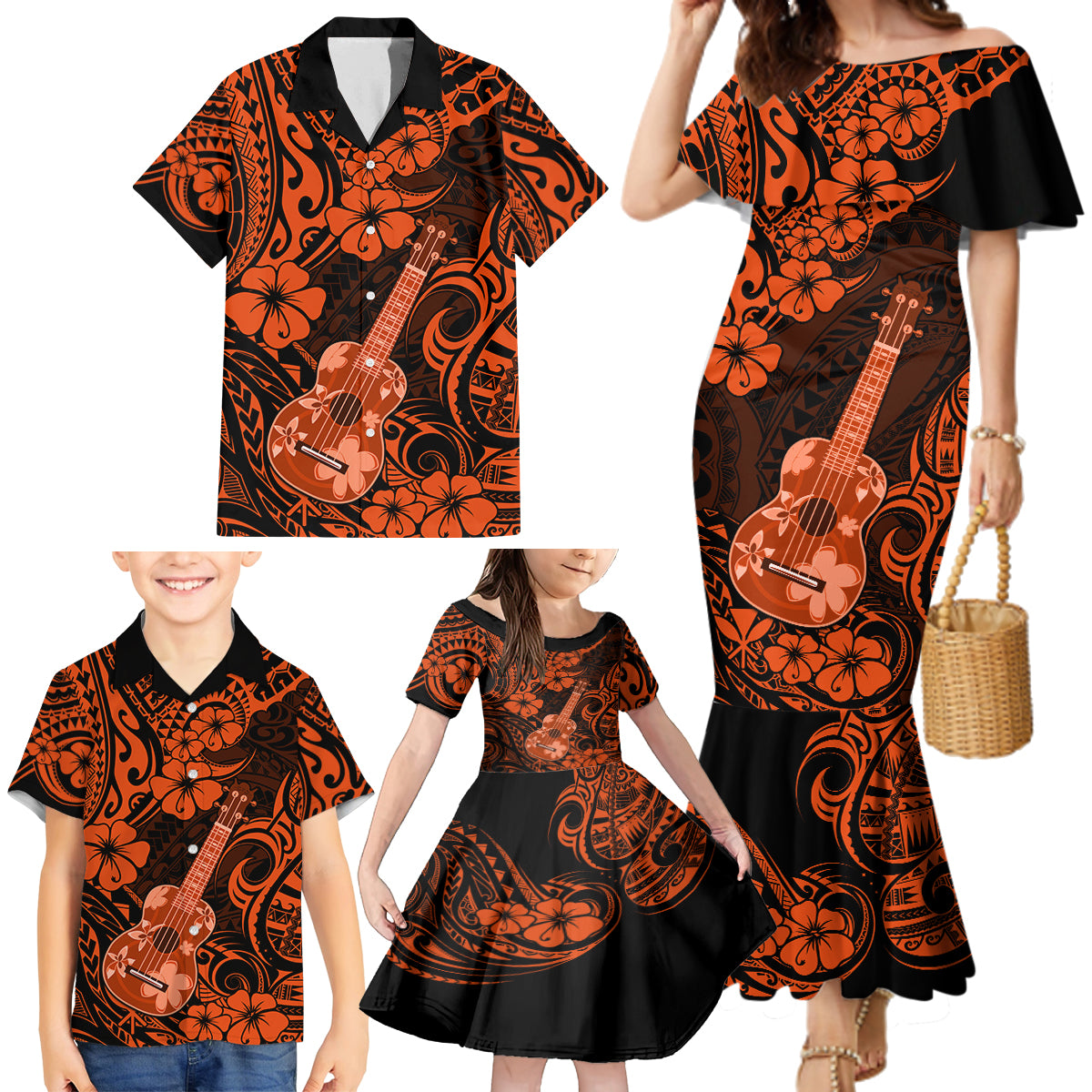 Hawaii Ukulele Family Matching Mermaid Dress and Hawaiian Shirt Polynesian Pattern Orange Version - Wonder Print Shop