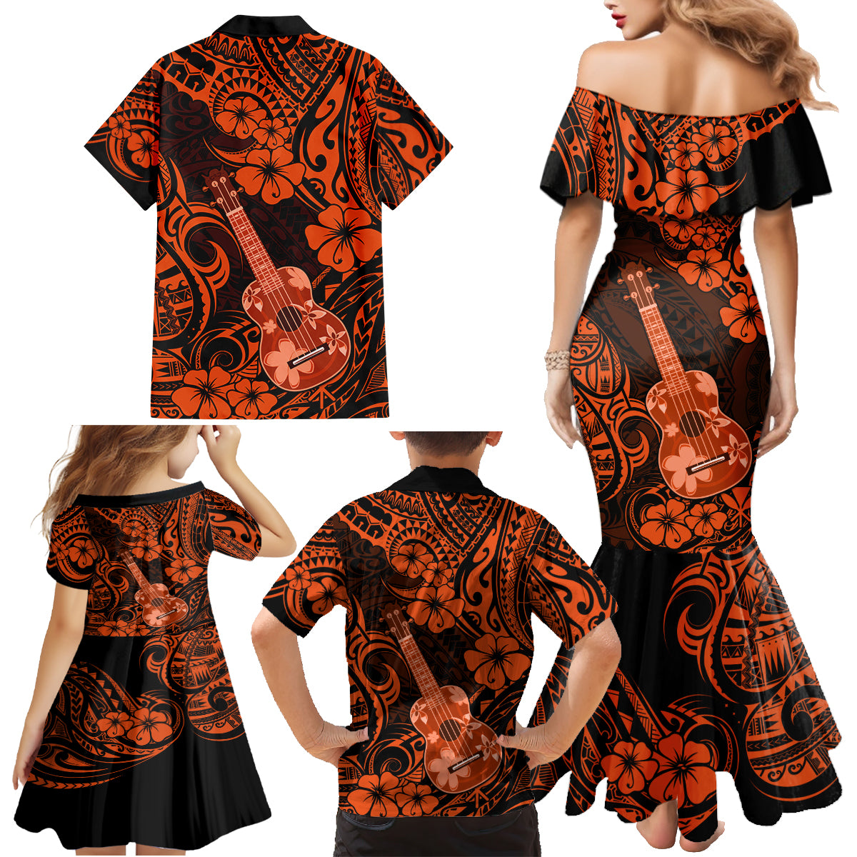 Hawaii Ukulele Family Matching Mermaid Dress and Hawaiian Shirt Polynesian Pattern Orange Version - Wonder Print Shop