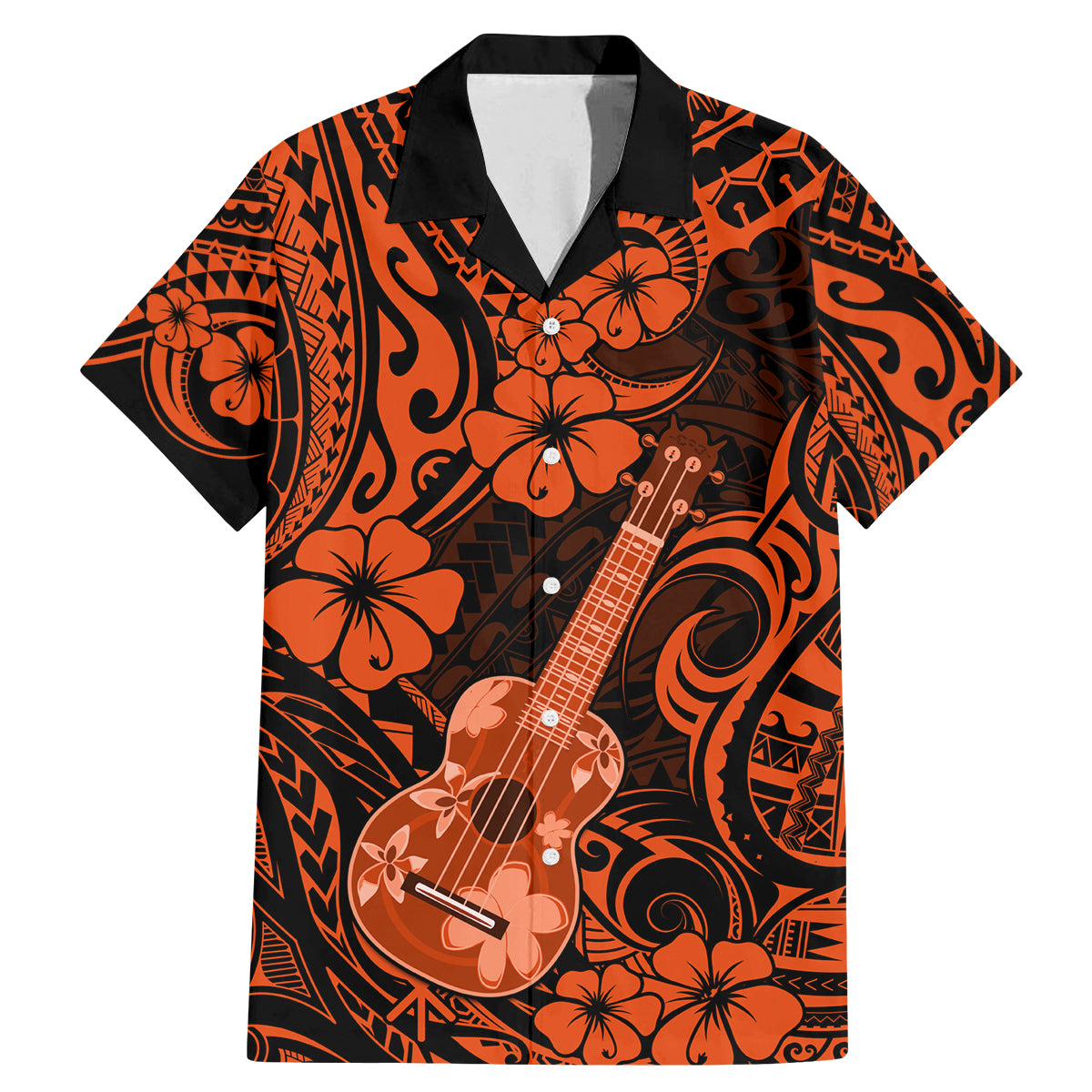 Hawaii Ukulele Family Matching Mermaid Dress and Hawaiian Shirt Polynesian Pattern Orange Version - Wonder Print Shop