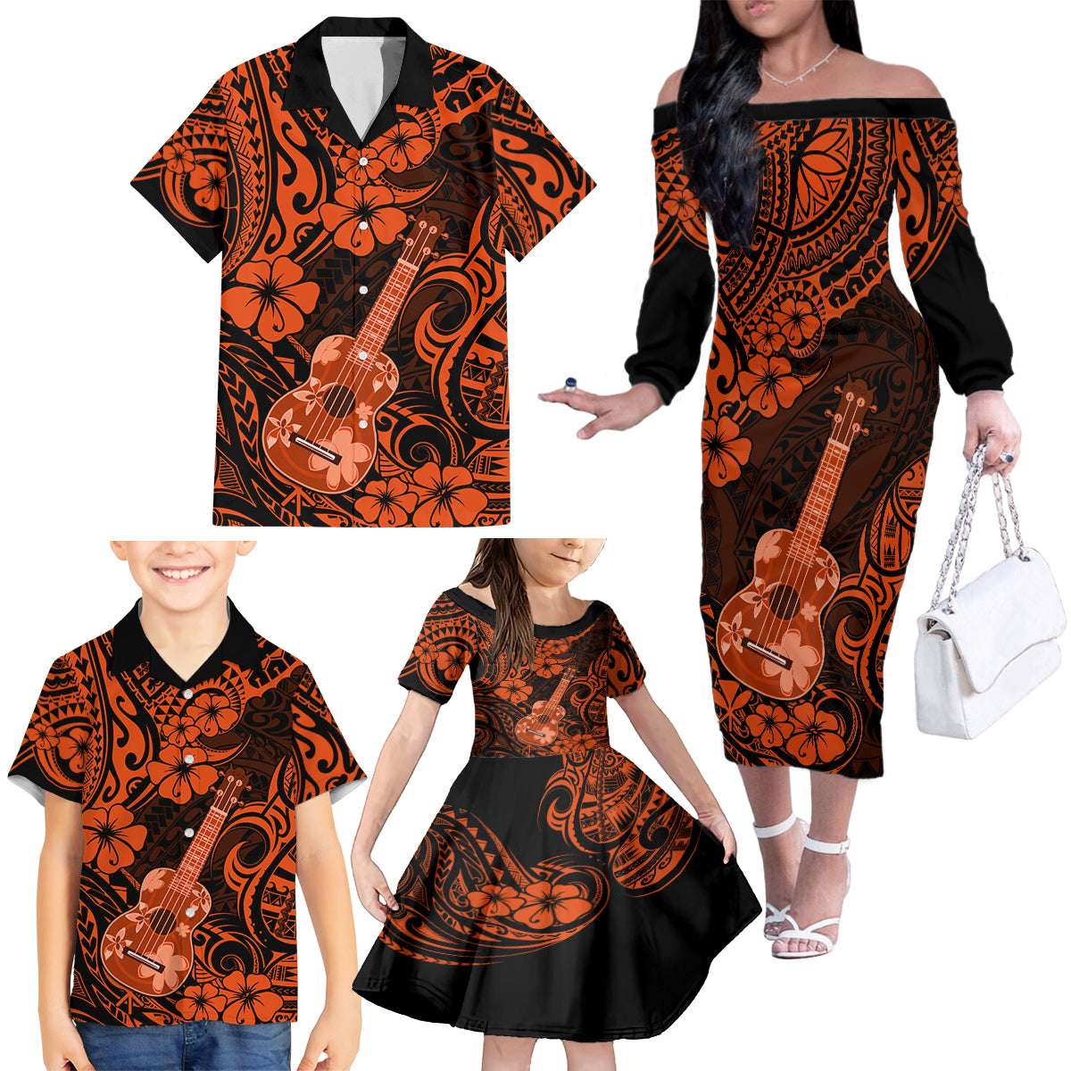 Hawaii Ukulele Family Matching Off Shoulder Long Sleeve Dress and Hawaiian Shirt Polynesian Pattern Orange Version - Wonder Print Shop