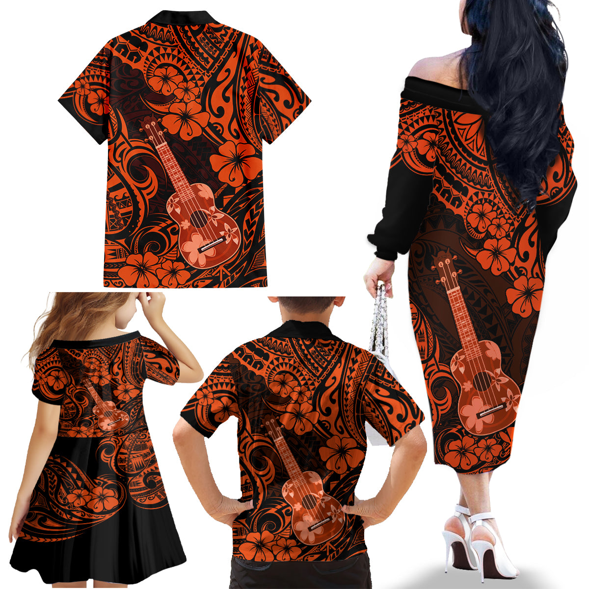 Hawaii Ukulele Family Matching Off Shoulder Long Sleeve Dress and Hawaiian Shirt Polynesian Pattern Orange Version - Wonder Print Shop