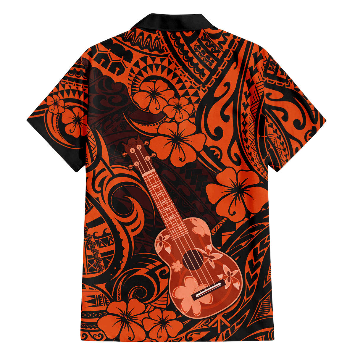 Hawaii Ukulele Family Matching Off Shoulder Long Sleeve Dress and Hawaiian Shirt Polynesian Pattern Orange Version - Wonder Print Shop