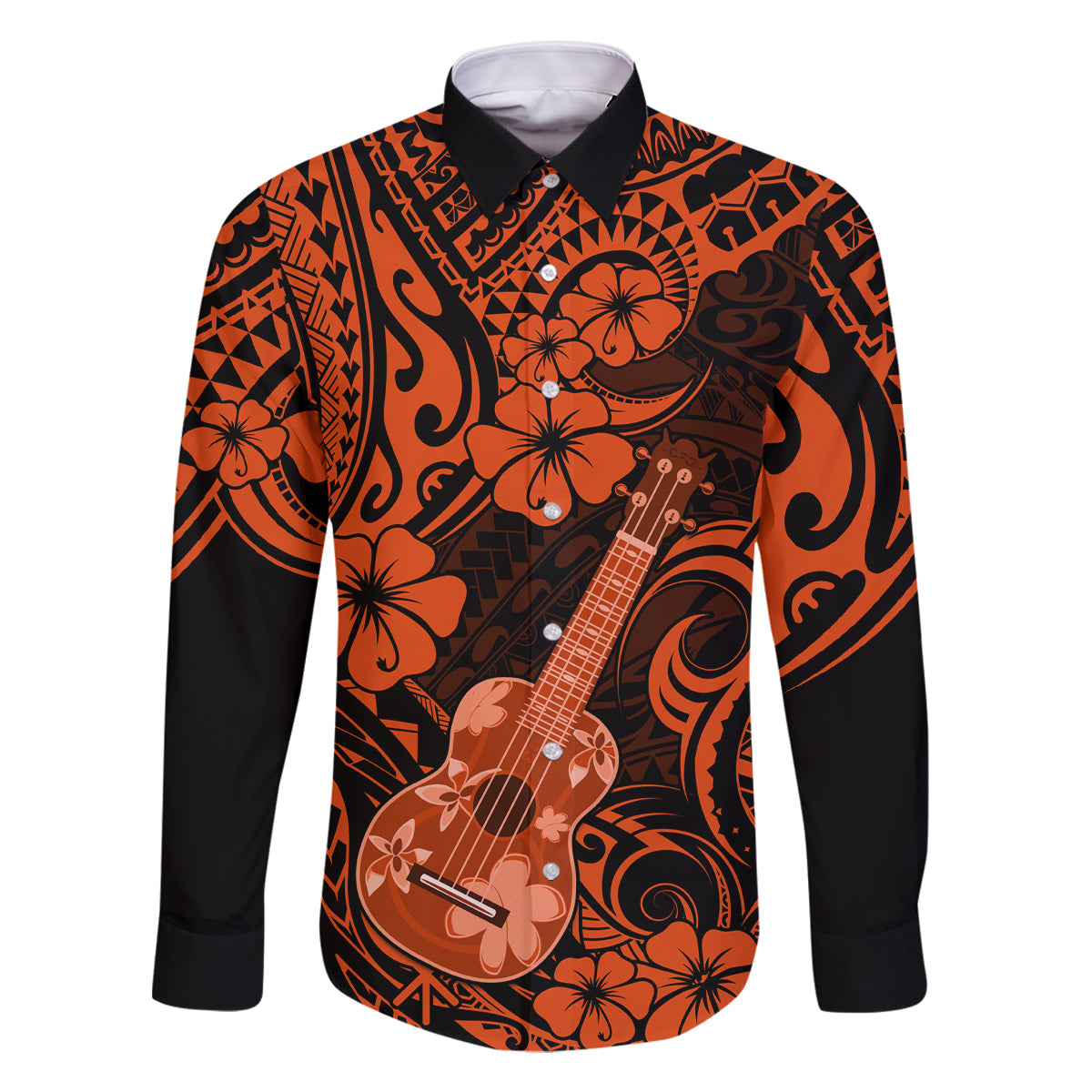 Hawaii Ukulele Family Matching Off Shoulder Long Sleeve Dress and Hawaiian Shirt Polynesian Pattern Orange Version - Wonder Print Shop