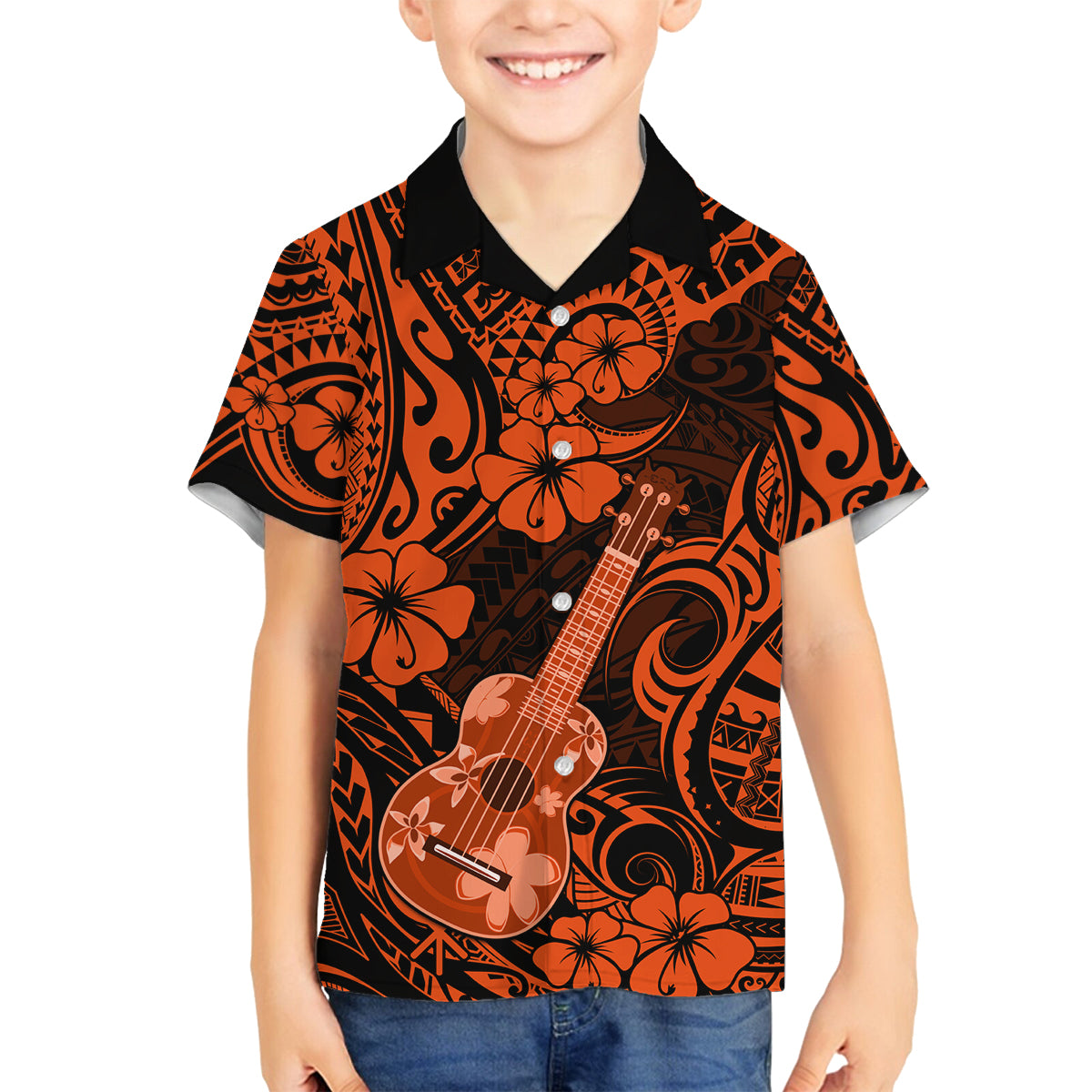 Hawaii Ukulele Family Matching Off Shoulder Long Sleeve Dress and Hawaiian Shirt Polynesian Pattern Orange Version - Wonder Print Shop