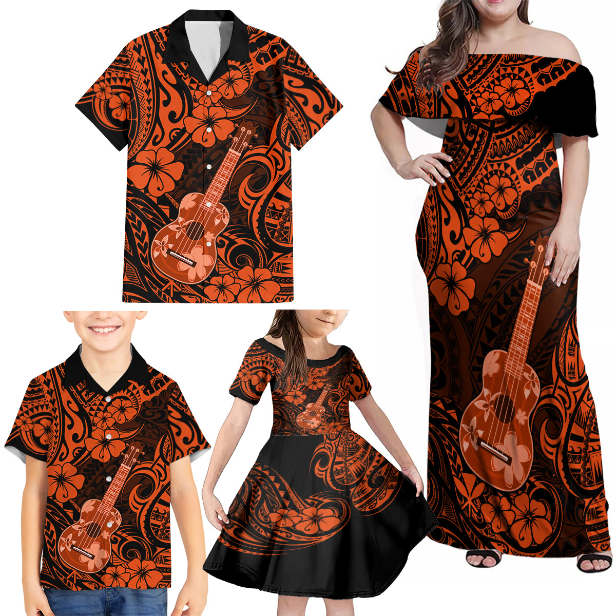 Hawaii Ukulele Family Matching Off Shoulder Maxi Dress and Hawaiian Shirt Polynesian Pattern Orange Version - Wonder Print Shop