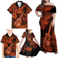 Hawaii Ukulele Family Matching Off Shoulder Maxi Dress and Hawaiian Shirt Polynesian Pattern Orange Version - Wonder Print Shop