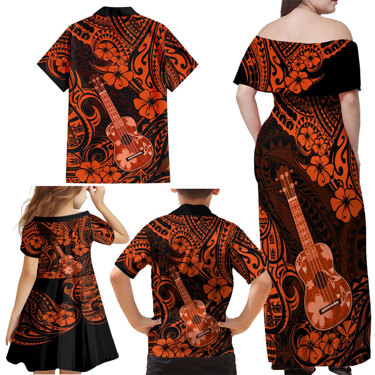 Hawaii Ukulele Family Matching Off Shoulder Maxi Dress and Hawaiian Shirt Polynesian Pattern Orange Version - Wonder Print Shop