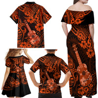 Hawaii Ukulele Family Matching Off Shoulder Maxi Dress and Hawaiian Shirt Polynesian Pattern Orange Version - Wonder Print Shop