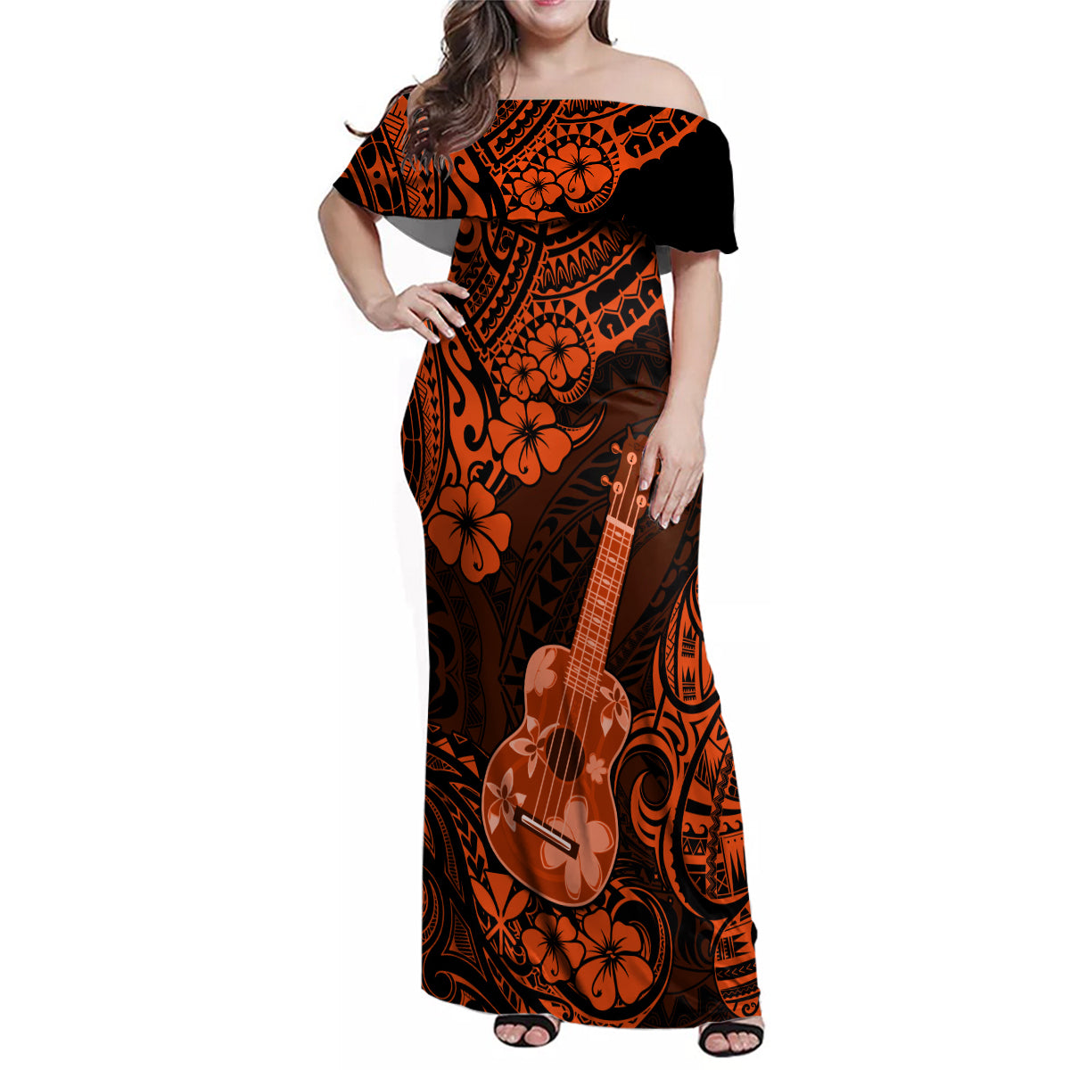 Hawaii Ukulele Family Matching Off Shoulder Maxi Dress and Hawaiian Shirt Polynesian Pattern Orange Version - Wonder Print Shop
