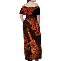 Hawaii Ukulele Family Matching Off Shoulder Maxi Dress and Hawaiian Shirt Polynesian Pattern Orange Version - Wonder Print Shop