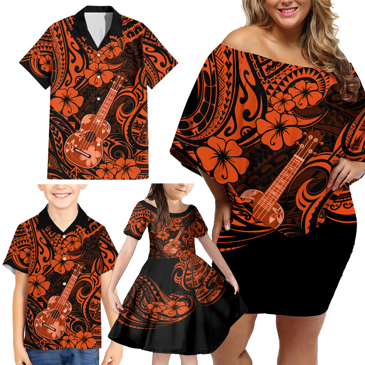 Hawaii Ukulele Family Matching Off Shoulder Short Dress and Hawaiian Shirt Polynesian Pattern Orange Version - Wonder Print Shop