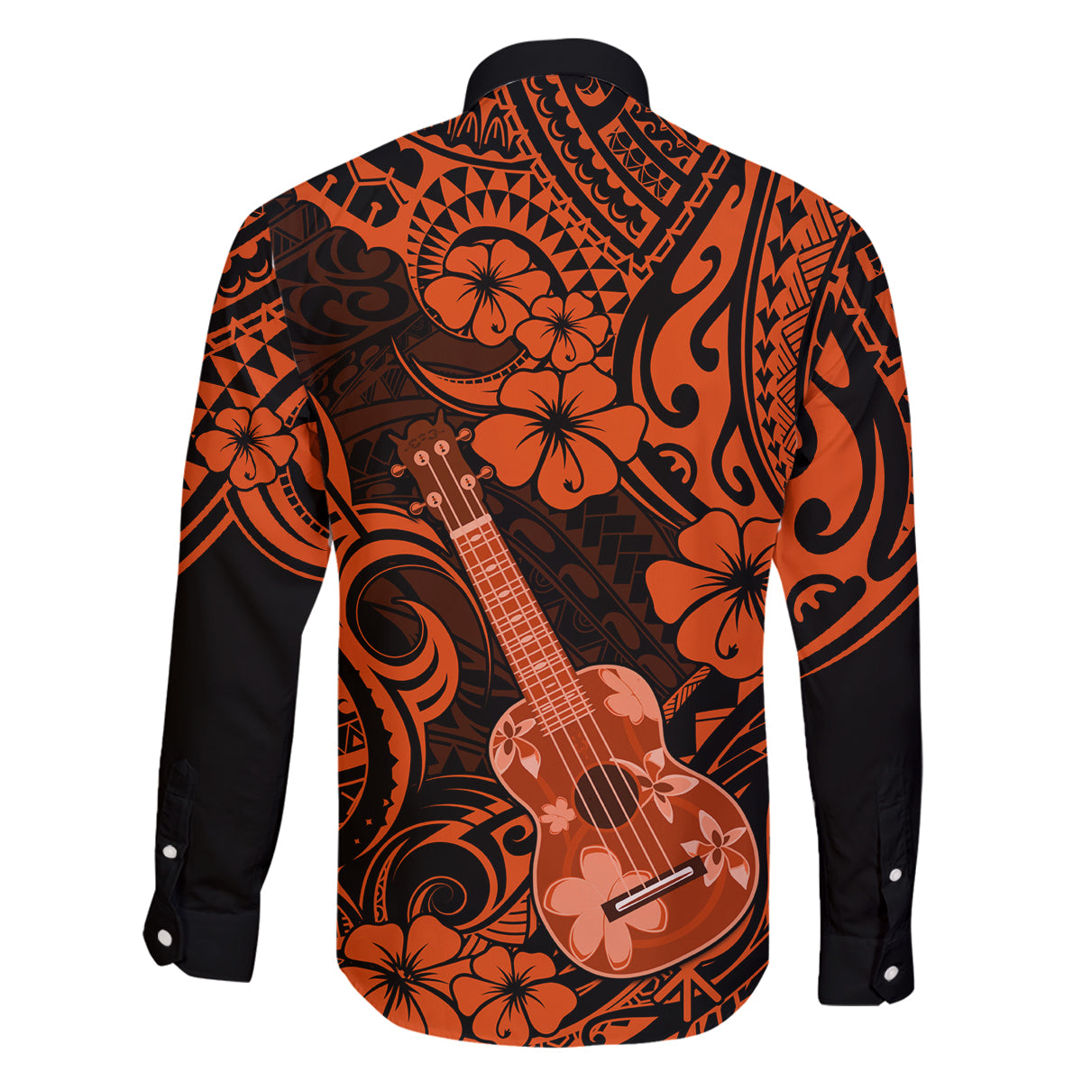 Hawaii Ukulele Family Matching Off Shoulder Short Dress and Hawaiian Shirt Polynesian Pattern Orange Version - Wonder Print Shop