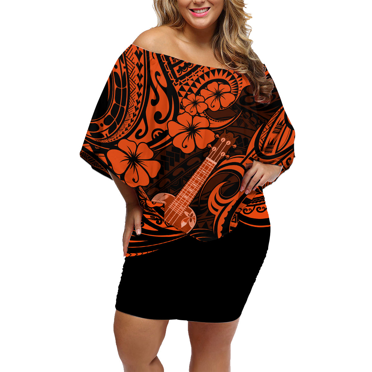 Hawaii Ukulele Family Matching Off Shoulder Short Dress and Hawaiian Shirt Polynesian Pattern Orange Version - Wonder Print Shop