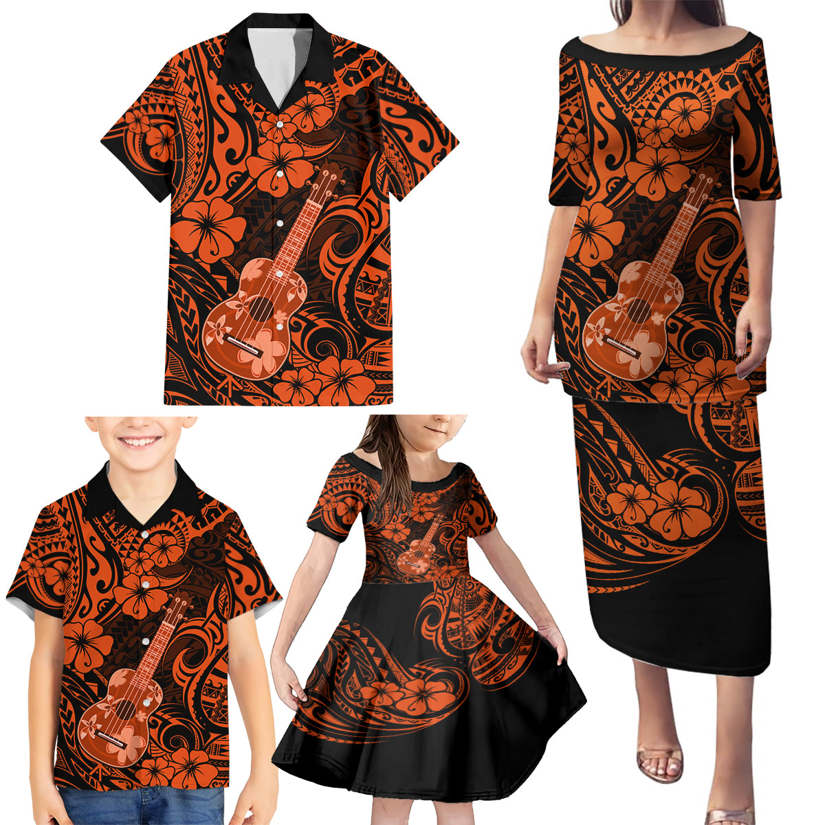 Hawaii Ukulele Family Matching Puletasi Dress and Hawaiian Shirt Polynesian Pattern Orange Version - Wonder Print Shop