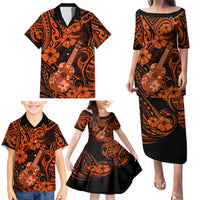 Hawaii Ukulele Family Matching Puletasi Dress and Hawaiian Shirt Polynesian Pattern Orange Version - Wonder Print Shop