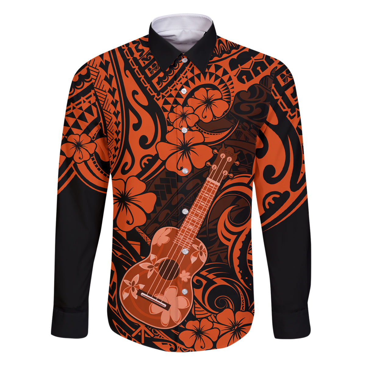 Hawaii Ukulele Family Matching Puletasi Dress and Hawaiian Shirt Polynesian Pattern Orange Version - Wonder Print Shop