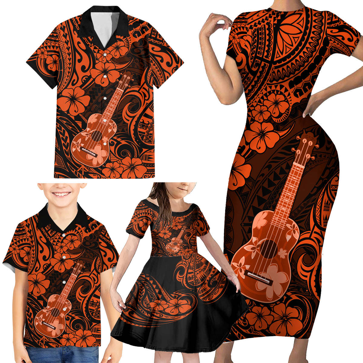 Hawaii Ukulele Family Matching Short Sleeve Bodycon Dress and Hawaiian Shirt Polynesian Pattern Orange Version - Wonder Print Shop