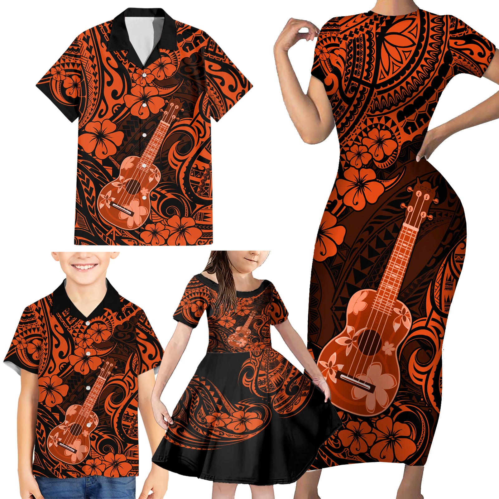 Hawaii Ukulele Family Matching Short Sleeve Bodycon Dress and Hawaiian Shirt Polynesian Pattern Orange Version - Wonder Print Shop