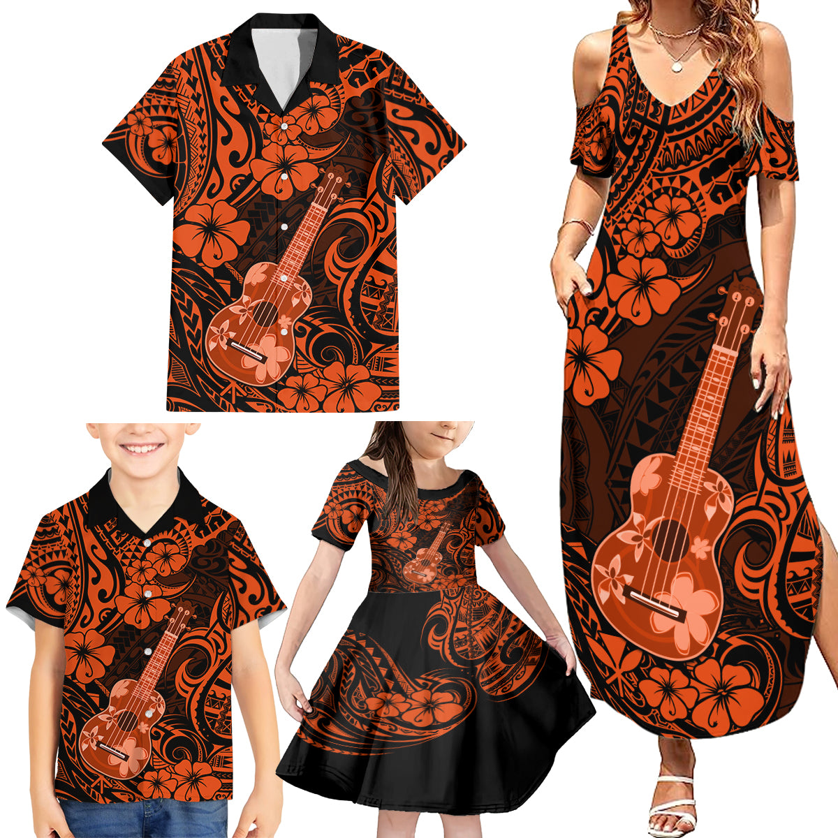 Hawaii Ukulele Family Matching Summer Maxi Dress and Hawaiian Shirt Polynesian Pattern Orange Version - Wonder Print Shop