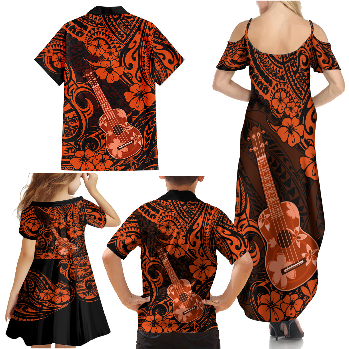 Hawaii Ukulele Family Matching Summer Maxi Dress and Hawaiian Shirt Polynesian Pattern Orange Version - Wonder Print Shop
