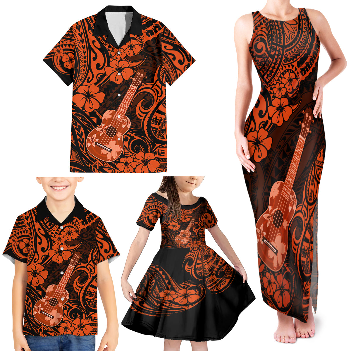 Hawaii Ukulele Family Matching Tank Maxi Dress and Hawaiian Shirt Polynesian Pattern Orange Version - Wonder Print Shop