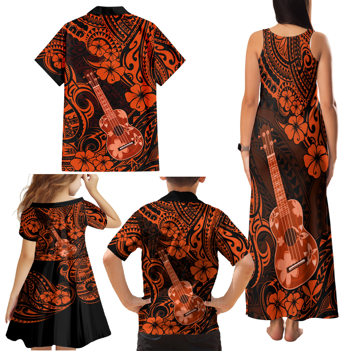 Hawaii Ukulele Family Matching Tank Maxi Dress and Hawaiian Shirt Polynesian Pattern Orange Version - Wonder Print Shop