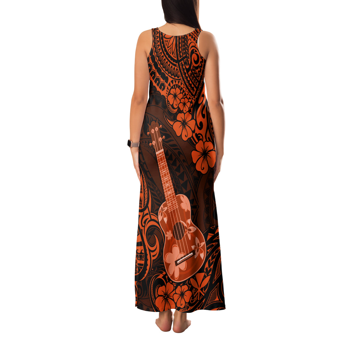 Hawaii Ukulele Family Matching Tank Maxi Dress and Hawaiian Shirt Polynesian Pattern Orange Version - Wonder Print Shop