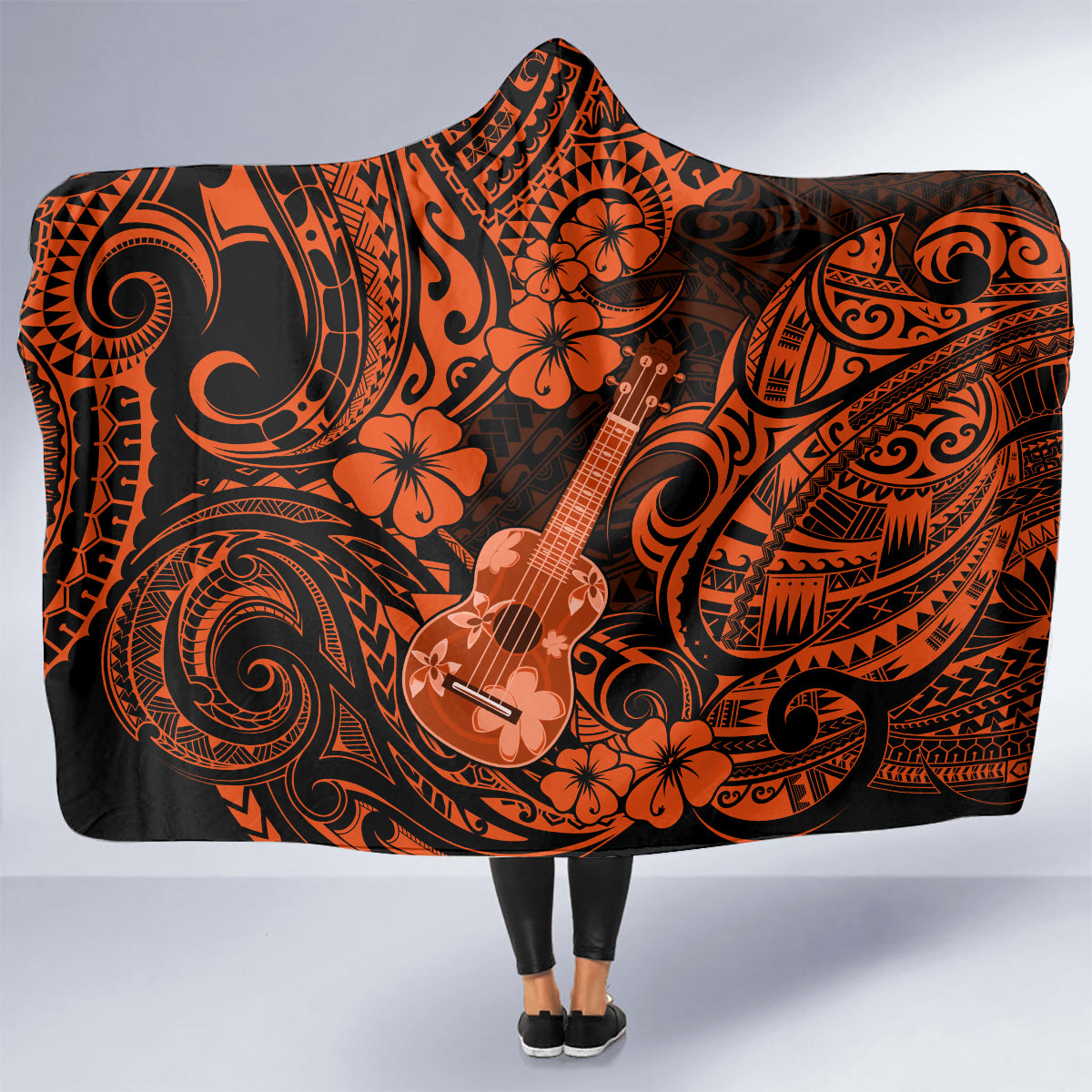 hawaii-ukulele-hooded-blanket-polynesian-pattern-orange-version