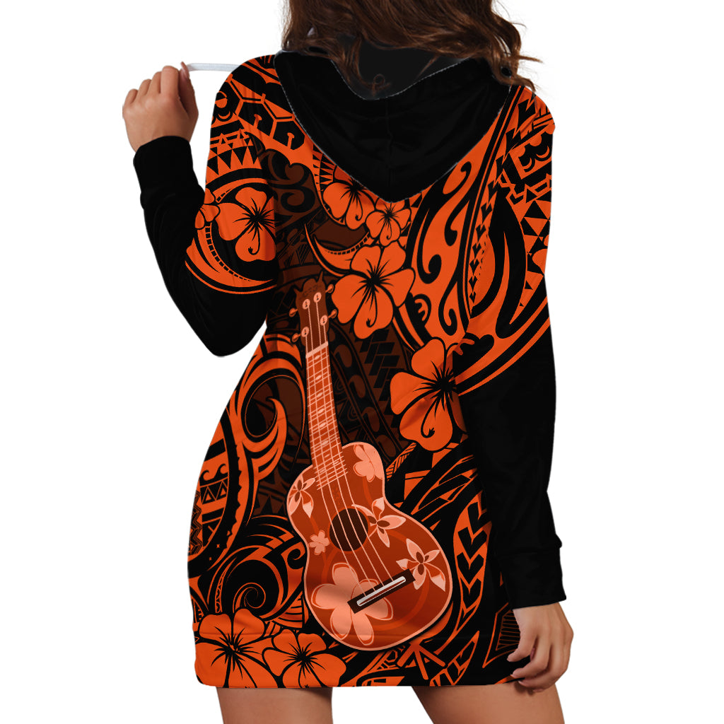 Hawaii Ukulele Hoodie Dress Polynesian Pattern Orange Version - Wonder Print Shop