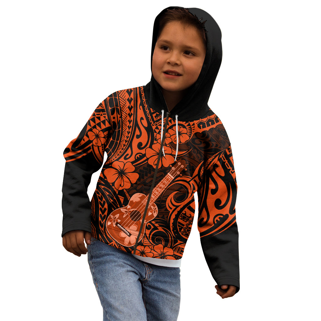 Hawaii Ukulele Kid Hoodie Polynesian Pattern Orange Version - Wonder Print Shop