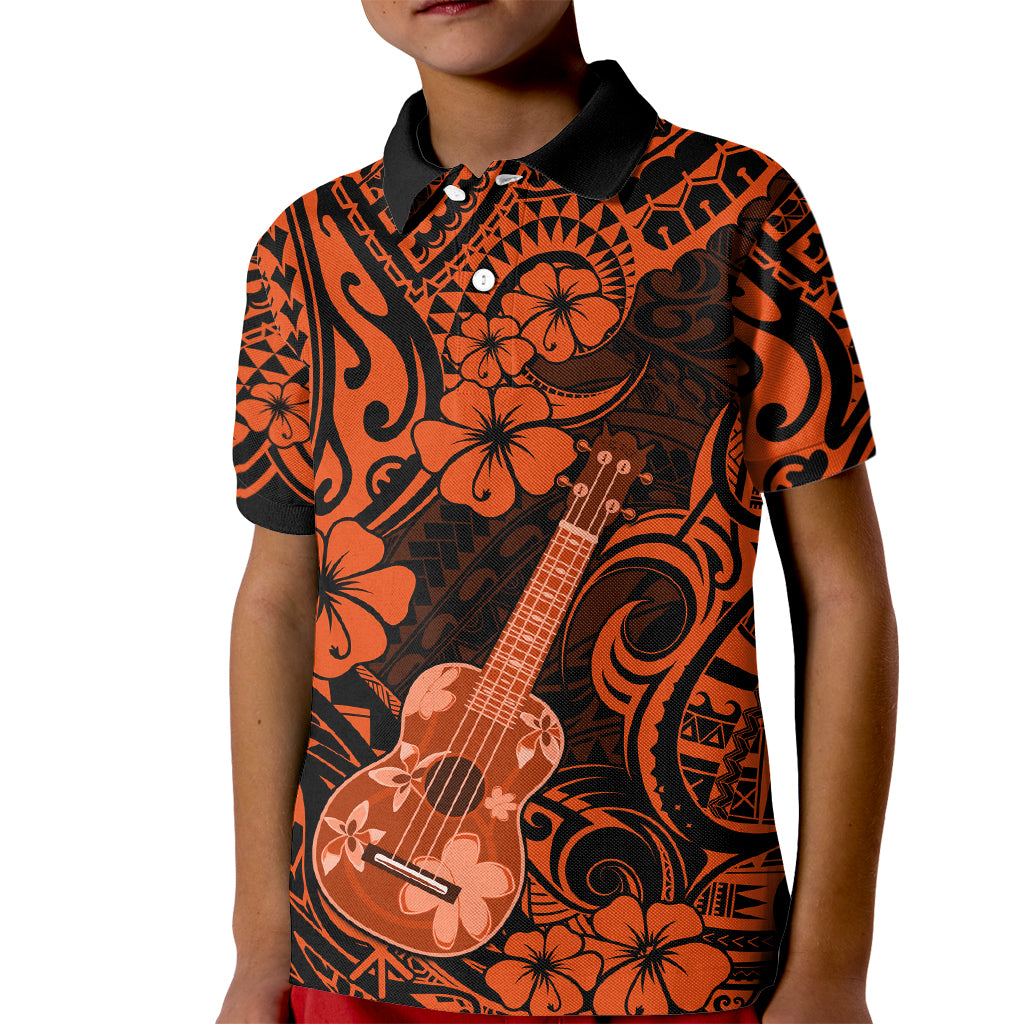 Hawaii Ukulele Kid Polo Shirt Polynesian Pattern Orange Version - Wonder Print Shop