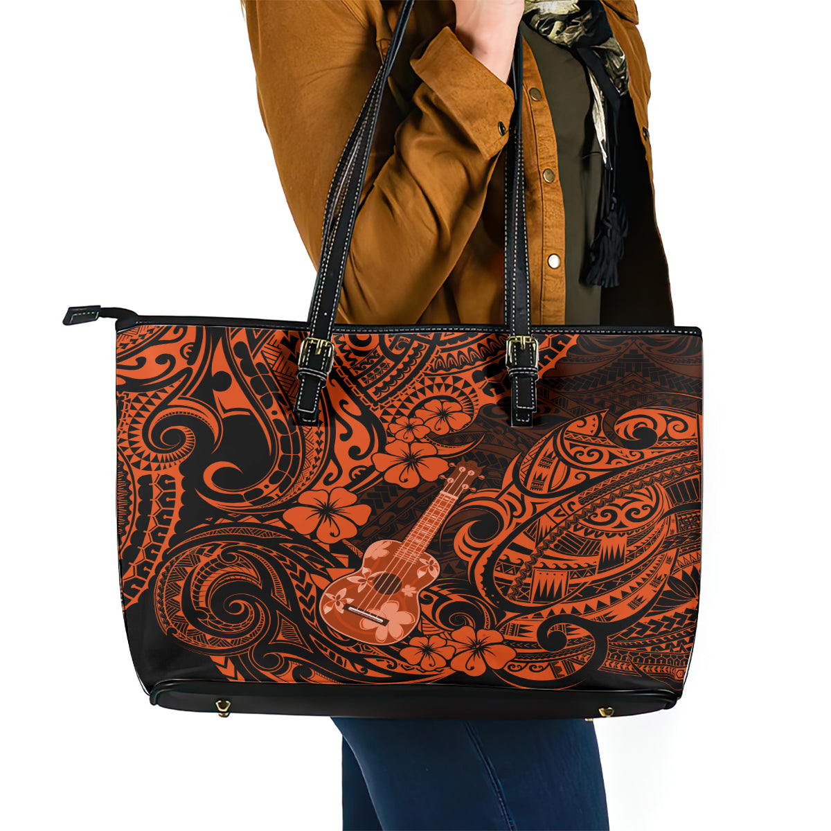 Hawaii Ukulele Leather Tote Bag Polynesian Pattern Orange Version - Wonder Print Shop