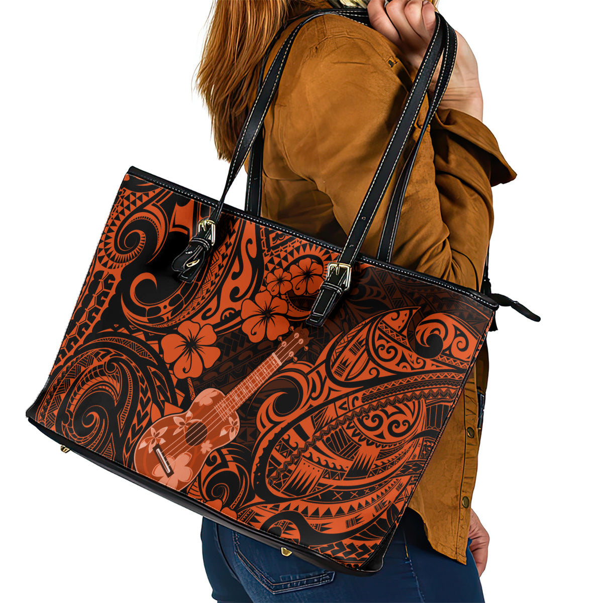 Hawaii Ukulele Leather Tote Bag Polynesian Pattern Orange Version - Wonder Print Shop