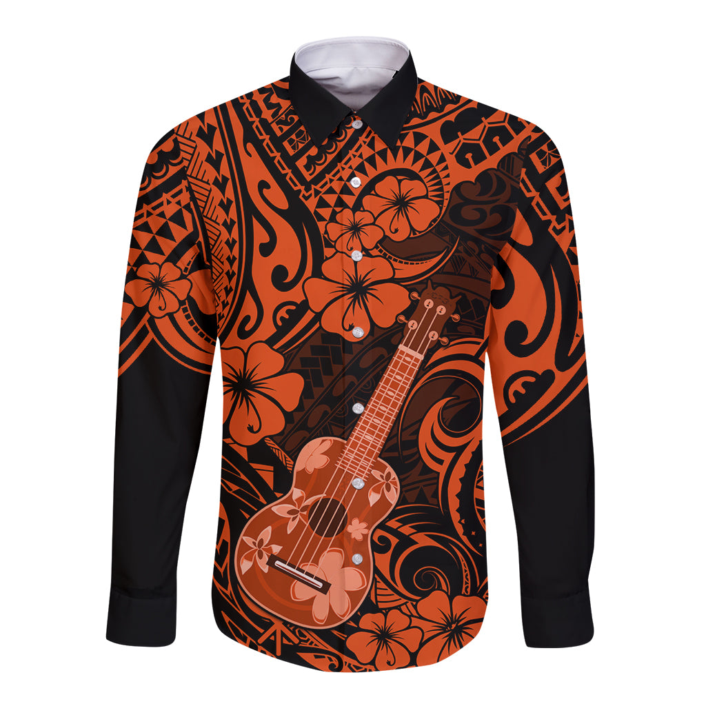 Hawaii Ukulele Long Sleeve Button Shirt Polynesian Pattern Orange Version - Wonder Print Shop