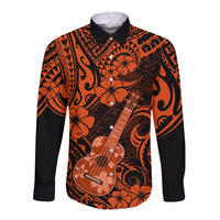 Hawaii Ukulele Long Sleeve Button Shirt Polynesian Pattern Orange Version - Wonder Print Shop