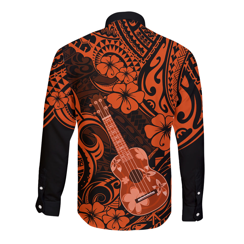 Hawaii Ukulele Long Sleeve Button Shirt Polynesian Pattern Orange Version - Wonder Print Shop
