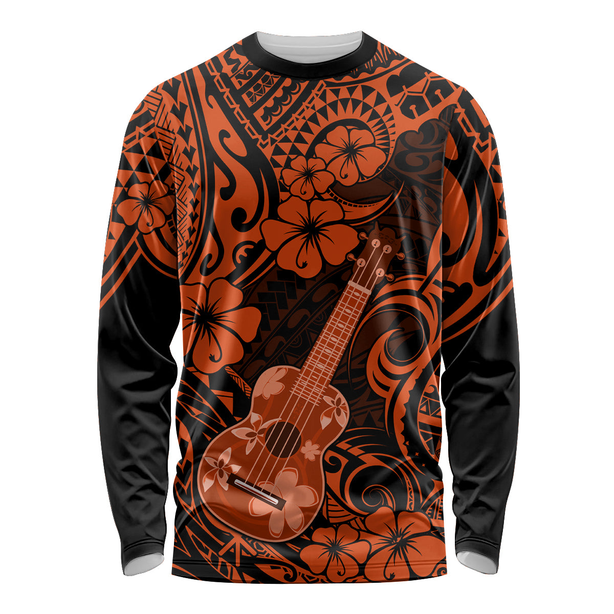 Hawaii Ukulele Long Sleeve Shirt Polynesian Pattern Orange Version - Wonder Print Shop